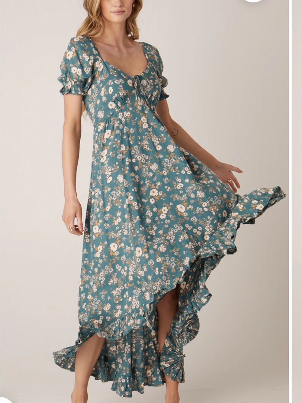 Patrons of Peace Teal Floral Puff-Sleeve Dress 100% Rayon